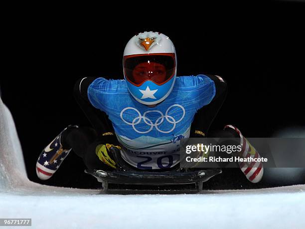 Katie Uhlaender of the USA practices during skeleton training on day 5 of the Vancouver 2010 Winter Olympics at Whistler Sliding Centre on February...