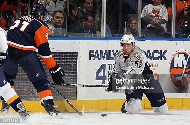 Alexander Sulzer of the Nashville Predators skates against the New York Islanders on February 9, 2010 at Nassau Coliseum in Uniondale, New York. The...