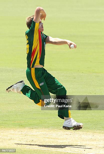 James Faulkner of the Tigers bowls during the Ford Ranger Cup match between the Western Australian Warriors and the Tasmanian Tigers at WACA on...