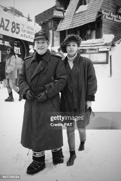 Jean Poiret et Caroline Cellier au Festival international du film fantastique le 22 janvier 1985 à Avoriaz, France.