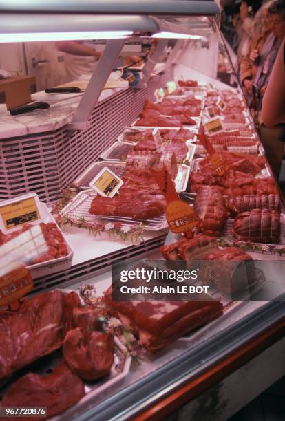 Viande rouge dans la vitrine réfrigérée d'un boucher sur un marché, 16 mai 2000, Nantes, France.