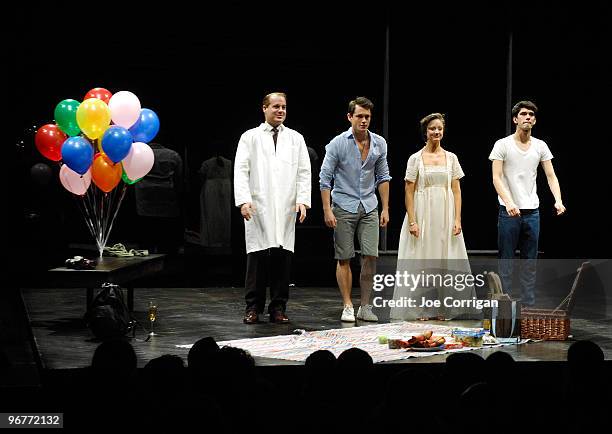 Actors Adam James, Hugh Dancy, Andrea Riseborough and Ben Whishaw at curtain call on opening night of "The Pride" off-Broadway at the Lucille Lortel...