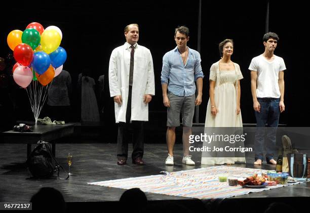 Actors Adam James, Hugh Dancy, Andrea Riseborough and Ben Whishaw at curtain call on opening night of "The Pride" off-Broadway at the Lucille Lortel...