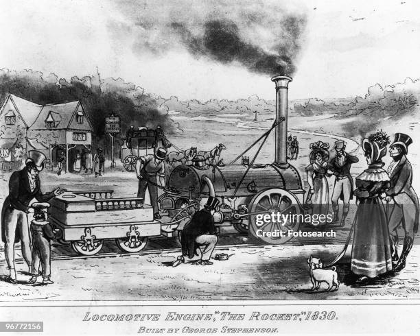 An Engraving of a Locomotive Engine 'The Rocket' built by George Stephenson circa 1830.