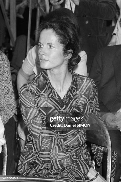 Anne-Aymone Giscard d'Estaing au dernier meeting de Valéry Giscard d'Estaing lors des élections présidentielles, Paris, le 17 mai 1974, France.