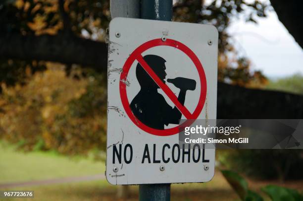 no alcohol sign in a public park - no alcohol stock-fotos und bilder
