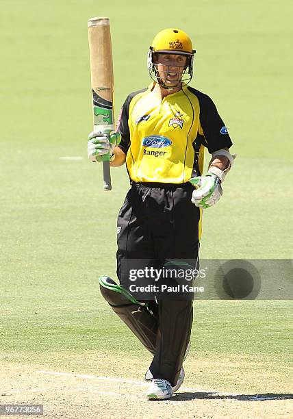 Luke Ronchi of the Warriors celebrates his half century during the Ford Ranger Cup match between the Western Australian Warriors and the Tasmanian...