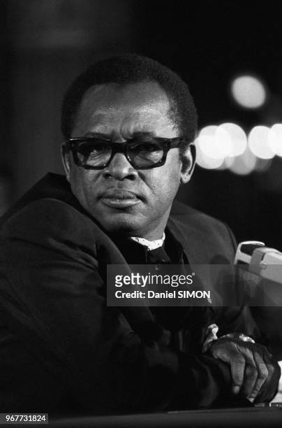 Mobutu Sese Seko, président de la République Démocratique du Congo, donne une conférence de presse dans un grand hotel à Paris le 25 mai 1978, France.