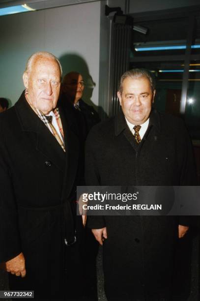 Joao Havelange, président de la FIFA et Claude Simonet, président de la FFF au Stade de France le 28 janvier 1998 à Saint-Denis, France.