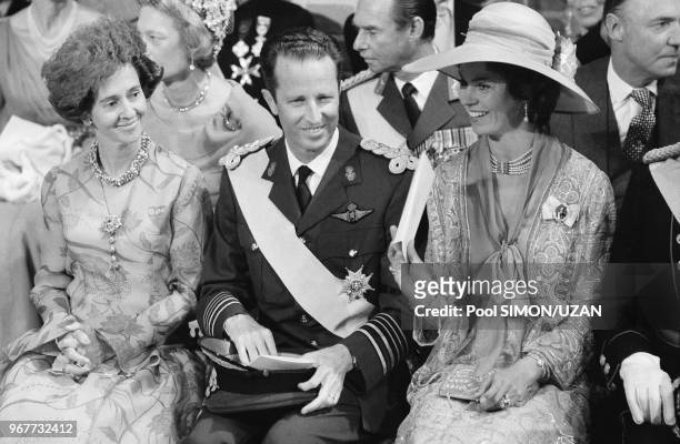 Le Roi Olaf de Norvège et la Princesse Margarita lors du mariage du Roi Carl Gustaf et de Silvia Sommerlath à Stockholm le 19 juin 1976, Suède.
