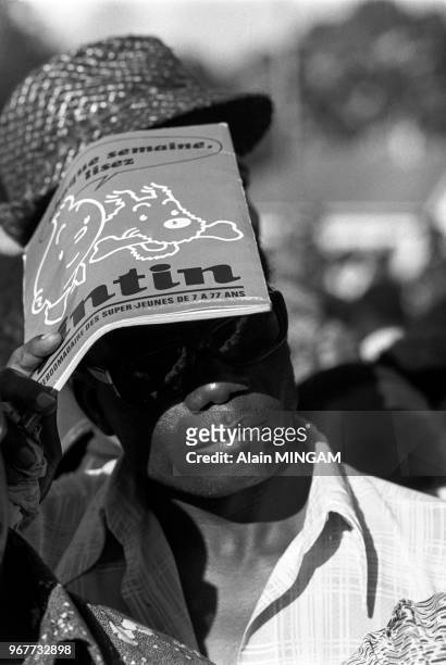 Manifestation de 3000 personnes en soutien au président Mobutu, Kolwezi, le 24 mars 1977,Zaïre.
