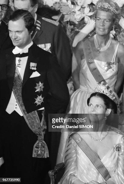 La Reine Sylvia et le Roi Carl Gustav de Suède lors de leur voyage officiel en Allemagne le 20 mars 1979, Bonn.