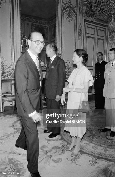 Valéry Giscard d'Estaing, Anne-Aymone Giscard d'Estaing et Jacques Chirac lors de la réception organisée au Palais de l'Elysée, le 14 juillet 1978,...
