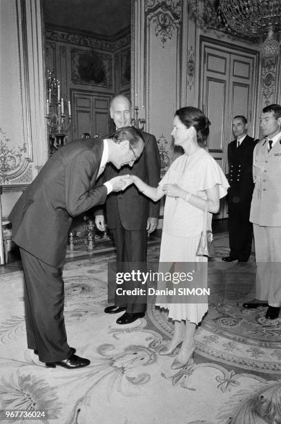 Valéry Giscard d'Estaing, Anne-Aymone Giscard d'Estaing et Jacques Chirac lors de la réception organisée au Palais de l'Elysée, le 14 juillet 1978,...