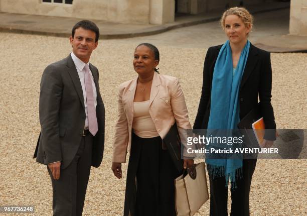Manuel Valls, Christiane Taubira et Delphine Batho durant le premier conseil des ministres au Palais de l'Elysee le 17 Mai, 2012 a Paris, France.