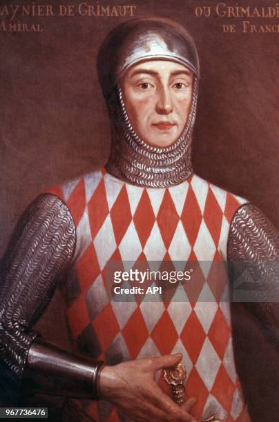 Portrait du prince Rainier 1er portant le blason des Grimaldi à Monaco.
