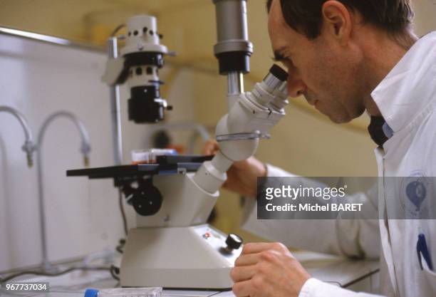 Le médecin français Jean-Paul Escande dans son laboratoire, le 27 juin 1985, France.