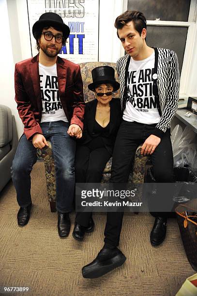 Exclusive* Sean Lennon, Yoko Ono and Mark Ronson backstage at Brooklyn Academy of Music on February 16, 2010 in Brooklyn, New York.