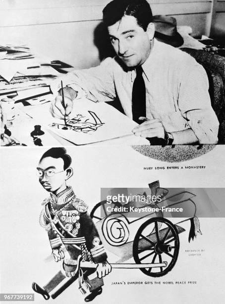 En haut, le caricaturiste américain William Gropper au travail, en bas, son dessin qui a ému le Japon, aux Etats-Unis le 18 juillet 1935.