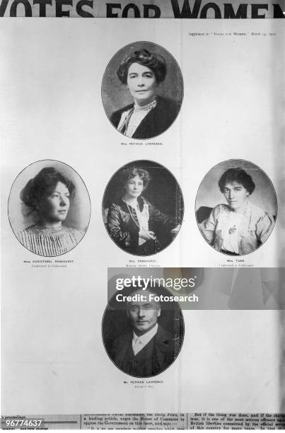 Photograph of Portraits of Mrs. Pethick Lawrence, Miss Christabel Pankhurst, Mrs. Pankhurst, Mrs. Tuke and Mr. Pethick Lawrence, March 15th, 1912.