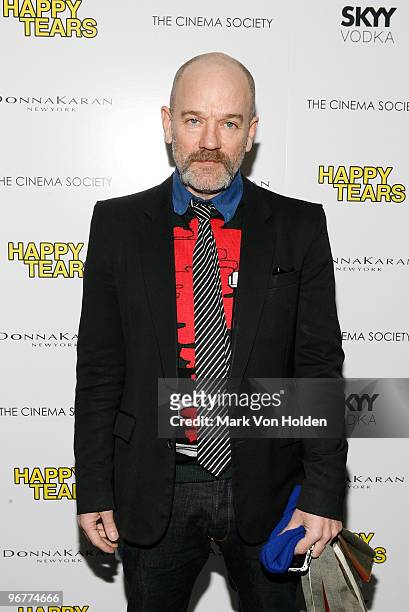 Musical artist Michael Stipes attends The Cinema Society & Donna Karan screening of "Happy Tears" at The Museum of Modern Art on February 16, 2010 in...
