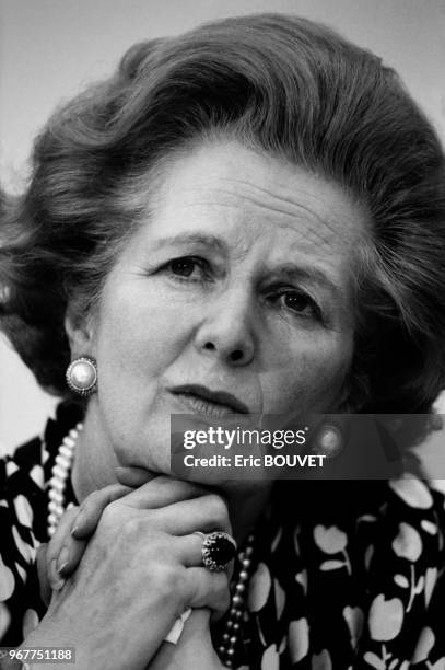 Portrait de Margaret Thatcher, femme politique et Premier ministre britannique, lors d'un sommet européen le 27 juin 1986 à La Haye, Pays-Bas.