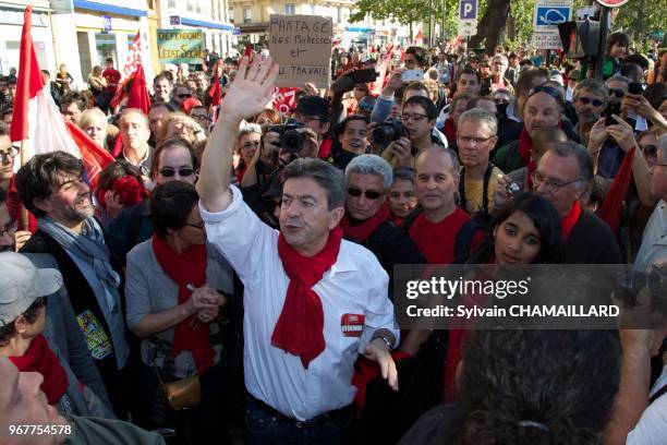 Jean-Luc Melenchon, President of the Left Party attends at demonstration against European treaty on September 30, 2012 in Paris, France.