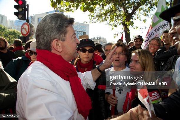 Jean-Luc Melenchon, President of the Left Party meets fans during demonstration against European treaty on September 30, 2012 in Paris, France.