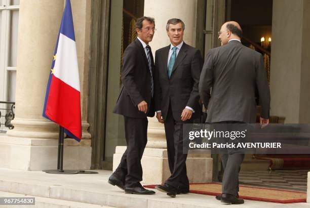 Outgoing French Budget Minister Jerome Cahuzac with Finance Minister Pierre Moscovici during the first weekly cabinet meeting at Elysee Palace on May...