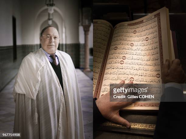 Dalil Boubakeur, Povost mosque of Paris. Activist for tolerance between religions. Coran book close-up. Part of the exhibition "colors of faith" on...