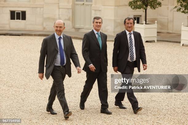 Outgoing French Budget Minister Jerome Cahuzac with Finance Minister Pierre Moscovici during the first weekly cabinet meeting at Elysee Palace on May...