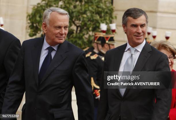 Outgoing French Budget Minister Jerome Cahuzac with Prime Minister, Jean Marc Ayrault during the first weekly cabinet meeting at Elysee Palace on May...