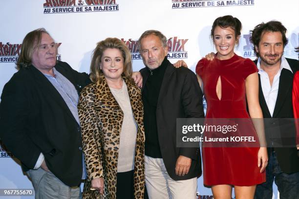 Gerard Depardieu, Catherine Deneuve, Fabrice Luchini, Charlotte Le Bon and Edouard Baer attend at "Asterix et Obelix: au service de sa majeste" film...