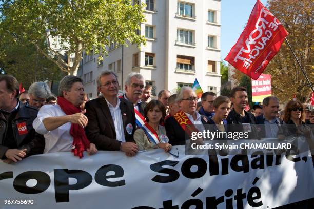 Jean-Luc Melenchon, President of the Left Party attends at demonstration against European treaty on September 30, 2012 in Paris, France.