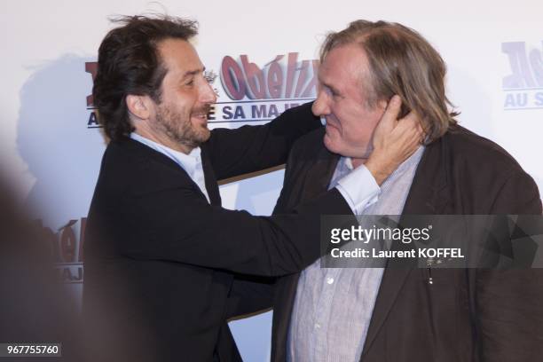 Gerard Depardieu and Edouard Baer attend at "Asterix et Obelix: au service de sa majeste" film premiere at "Le Grand Rex" on September 30, 2012 in...