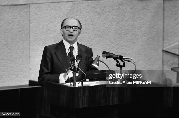 Le 1er ministre israelien, Menahem Begin, à la Knesset lors d'un débat sur la situation du conflit israelo-palestinien, Jerusalem le 29 mars 1978,...