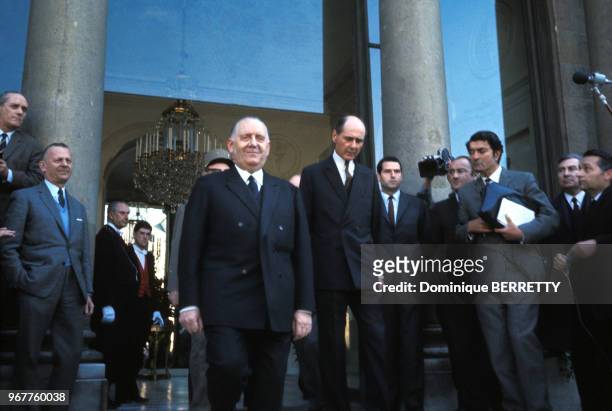 Homme politique français Alain Poher lors de sa prise de fonction de président de la République par intérim, le 28 avril 1969, à Paris, France.