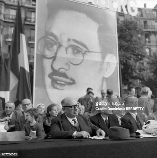 Communist politicians Jacques Duclos and Marcel Cachin at demonstration at the Place de la Nation to support Julius and Ethel Rosenberg an american...
