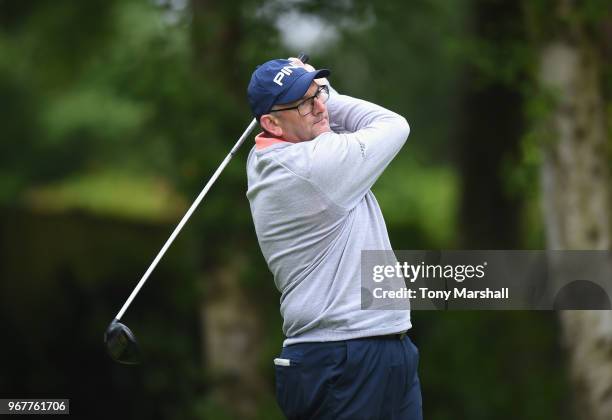 Rodney Holt of Silverstone Golf Club plays his first shot on the 1st tee during The Lombard Trophy Midland Qualifier at Little Aston Golf Club on...