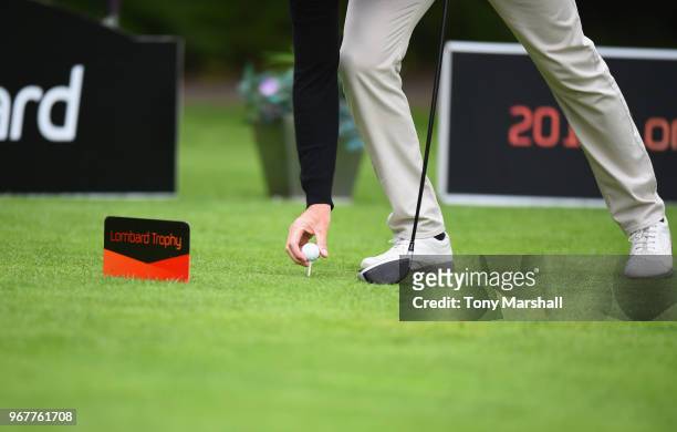 Lombard branding on the 1st tee during The Lombard Trophy Midland Qualifier at Little Aston Golf Club on June 5, 2018 in Sutton Coldfield, England.