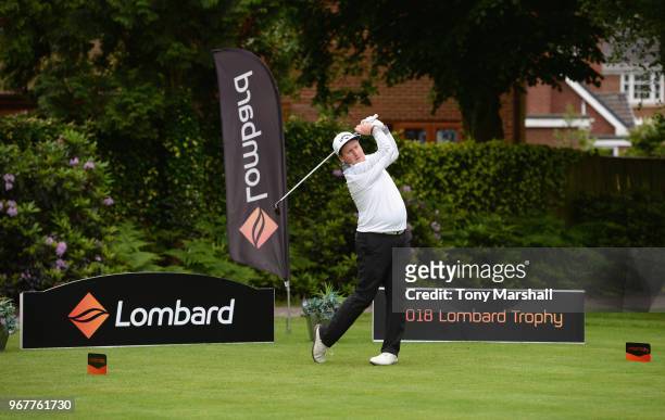 Christopher Thornton of Leamington and County Golf Club plays his first shot on the 1st tee during The Lombard Trophy Midland Qualifier at Little...