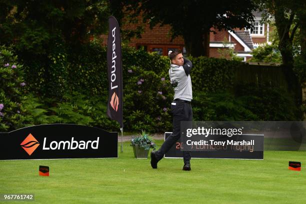 Ashley Mansell of Clevedon Golf Club plays his first shot on the 1st tee during The Lombard Trophy Midland Qualifier at Little Aston Golf Club on...