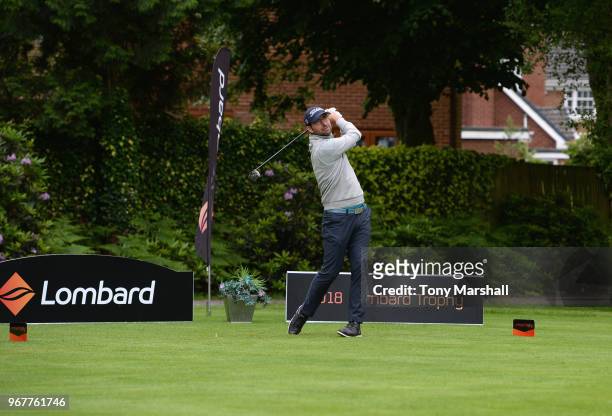 Craig Swinburn of Shirland Golf Club plays his first shot on the 1st tee during The Lombard Trophy Midland Qualifier at Little Aston Golf Club on...