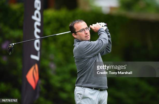 XCraig Fletcher of The Golf Academy plays his first shot on the 1st tee during The Lombard Trophy Midland Qualifier at Little Aston Golf Club on June...