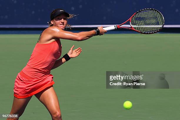 Shahar Peer of Israel hits a forehand during her third round match against Caroline Wozniacki of Denmark during day four of the WTA Barclays Dubai...