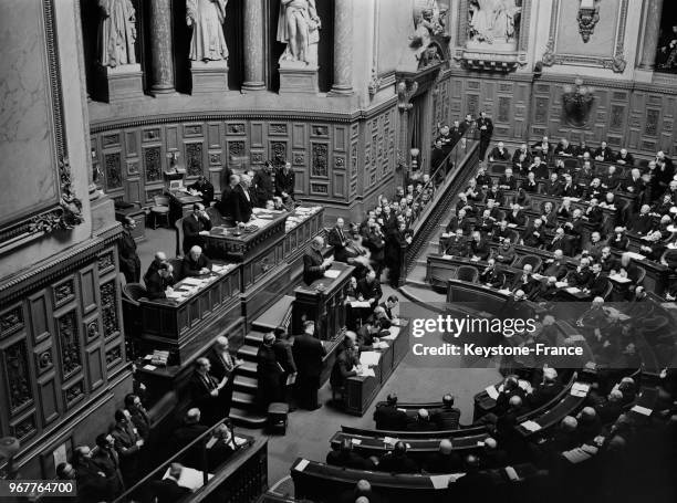 Le sénateur Henri Bérenger, à la tribune du Sénat lors de la ratification du pacte franco-soviétique à Paris, France, le 13 mars 1936.