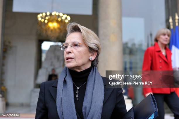 Michèle Alliot-Marie à la sortie du conseil des ministres à l'Elysée le 18 février 2009 à Paris, France.