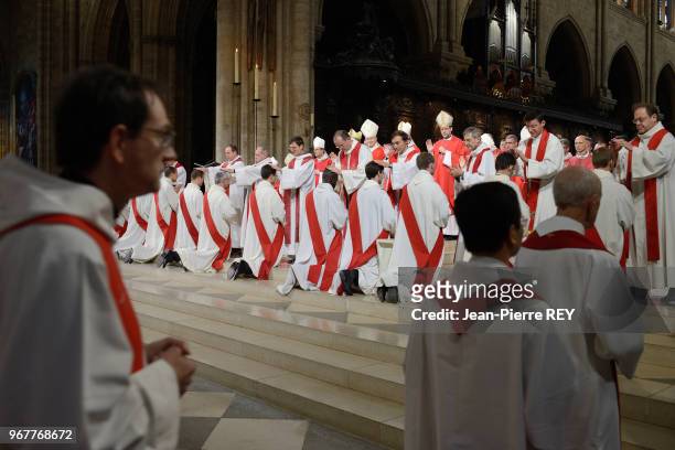 Le Cardinal André Vingt-Trois archevèque de Paris a ordonné 12 nouveaux prêtres à la cathédrale Notre Dame à Paris le 30 juin 2012, France.