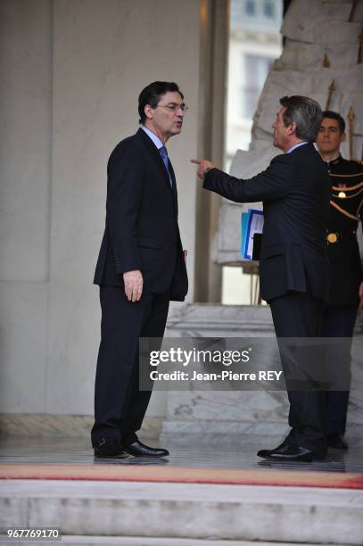Patrick Devedjian à la sortie du conseil des ministres à l'Elysée le 28 janvier 2009 à Paris, France.