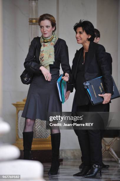 Nathalie Kosciusko Morizet et Rachida Dati à la fin du conseil des ministres le 19 décembre 2008 à Paris, France.